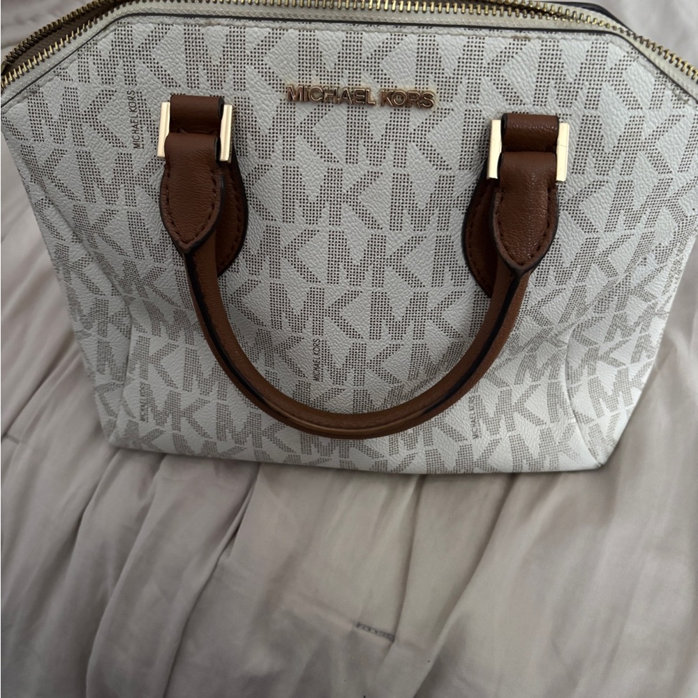 Michael Kors Brown and Cream Satchel with Signature Monogram